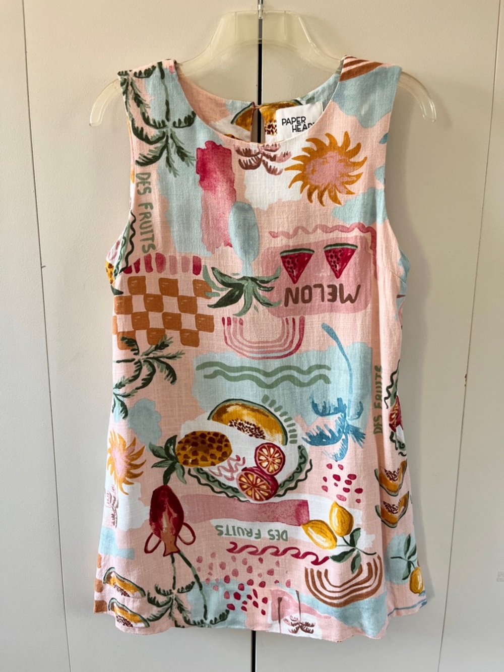 Paper Heart Linen Blend Mini Tank Dress Tropical Fruit Beachy Coastal Resort M